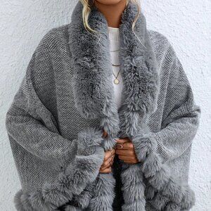 Grey Casual Womens Fuzzy Trim Cape Cardigan